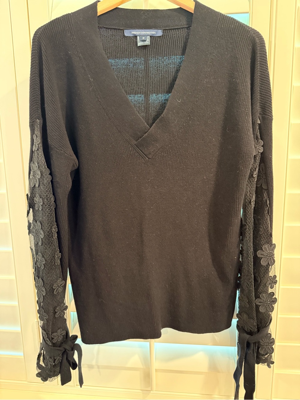 French Connection Black V-Neck Sweater with Floral Lace Sleeves